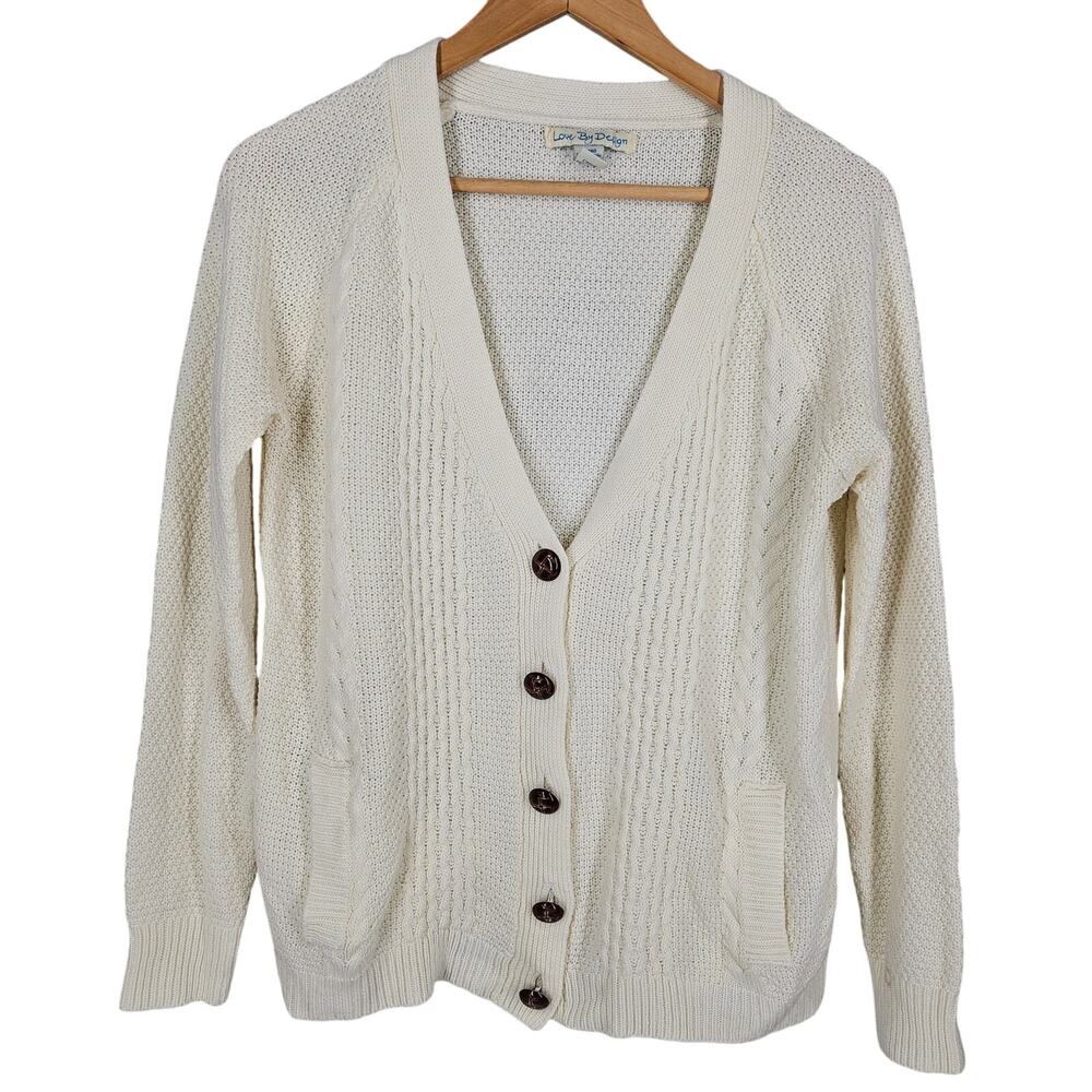 LOVE BY DESIGN WOMEN'S CREAM CABLE KNIT CARDIGAN FRONT POCKETS – SIZE SMALL